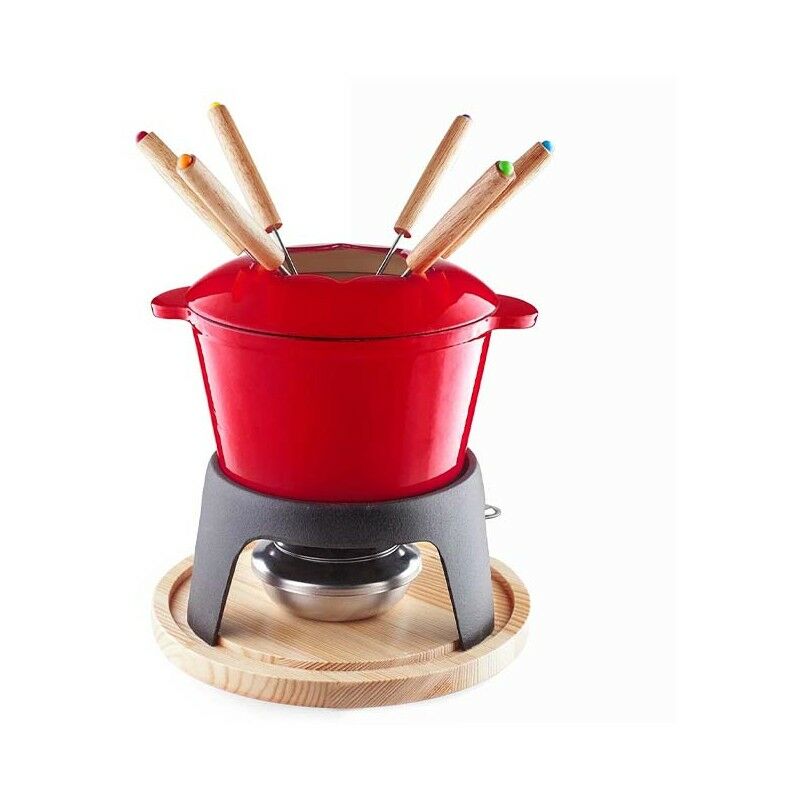 Service à fondue en fonte émaillée, support en fer avec base en bois, 6 fourchettes Lacor