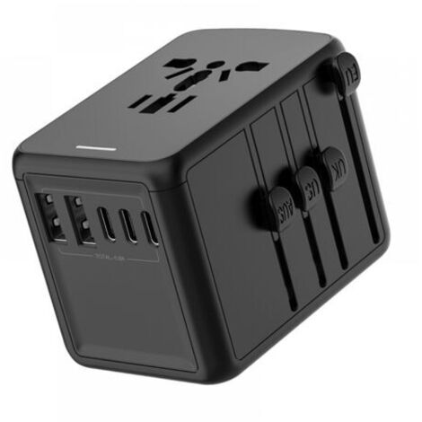 L'adaptateur de voyage universel comprend un port USB-C 3 x 3,0 A, un port USB-A 2 x 2,4 A et plusieurs prises secteur, un adaptateur de prise électrique international intégré et un chargeur USB-C.