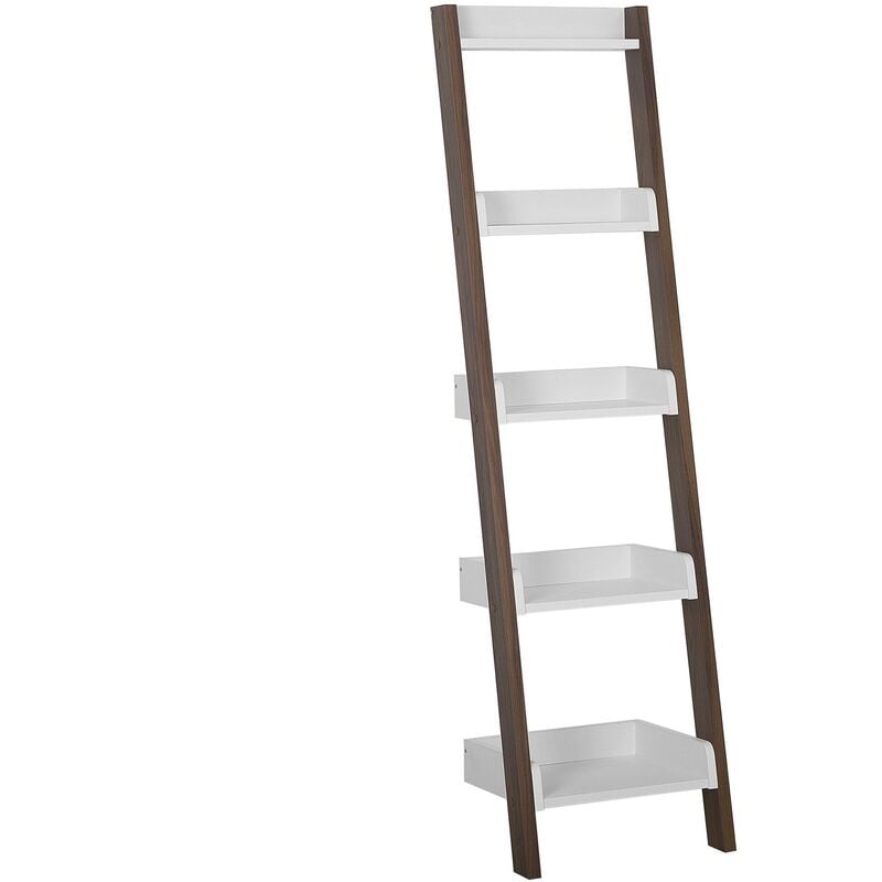 Modern Ladder Shelf 4 Tiers Leaning Bookcase Dark Wood and White Mobile Duo