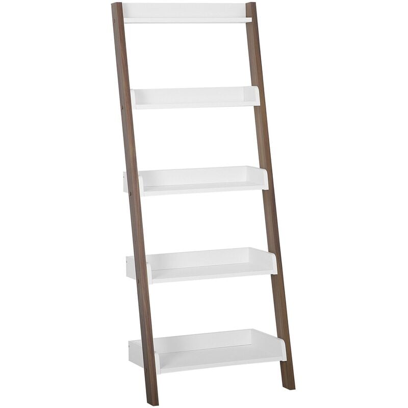 Modern Ladder Shelf 5 Tiers Leaning Bookcase Dark Wood and White Mobile Trio