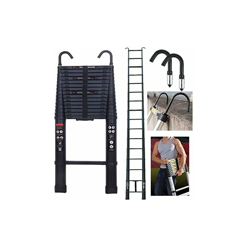 Ladder Step Ladder Loft Ladder Max Load 150KG Heavy Duty Telescopic Ladder with Roof Hook Black Portable Folding Design Extension Ladder for Indoor