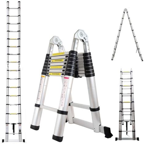 Ladders Telescoping Ladder 16.5 FT A-Frame Extension Ladder Rubber Feet mit Ladder Stabilizer Aluminum Multi-Purpose Lightweight Compact Ladders Step Climb Ladder for Home Garage, 330lb Load Capacity