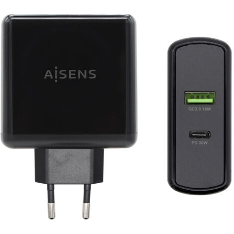 Ladegerät Usb-c Pd3.0 30w Usb-a Qc3.0 18w Schwarz Aisens Asch-2pd30qc-bk