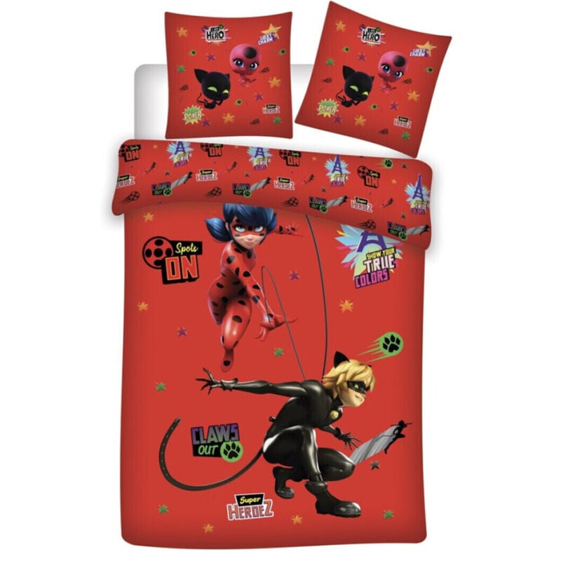 Parure de lit réversible Miraculous Ladybug et Chat Noir - Rouge - 140 cm x 200 cm