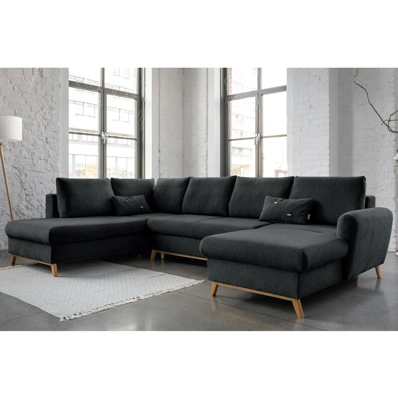 Bestmobilier - Lagom - canapé d'angle panoramique - convertible - avec coffre - en tissu - 7 places - gauche - gris foncé