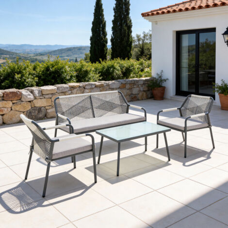 LAGOS GARDEN SOFA SET 4 SEATER OUTDOOR CORNER SOFA with GLASS TABLE (Light Grey)