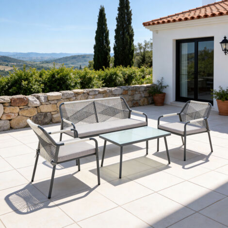 LAGOS GARDEN SOFA SET 4 SEATER OUTDOOR CORNER SOFA with GLASS TABLE (Light Grey with Cover)