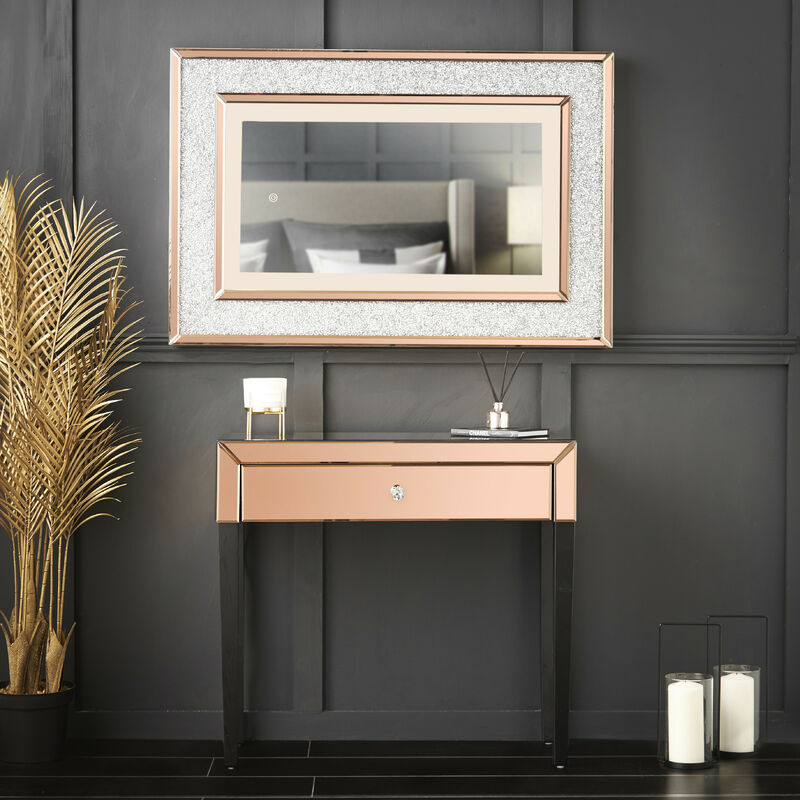 Carme Home - Laguna x Valentina Rosegold Combination Set Including Laguna Mirrored Console Dressing Table with Drawer And Valentina Diamond LED Wall