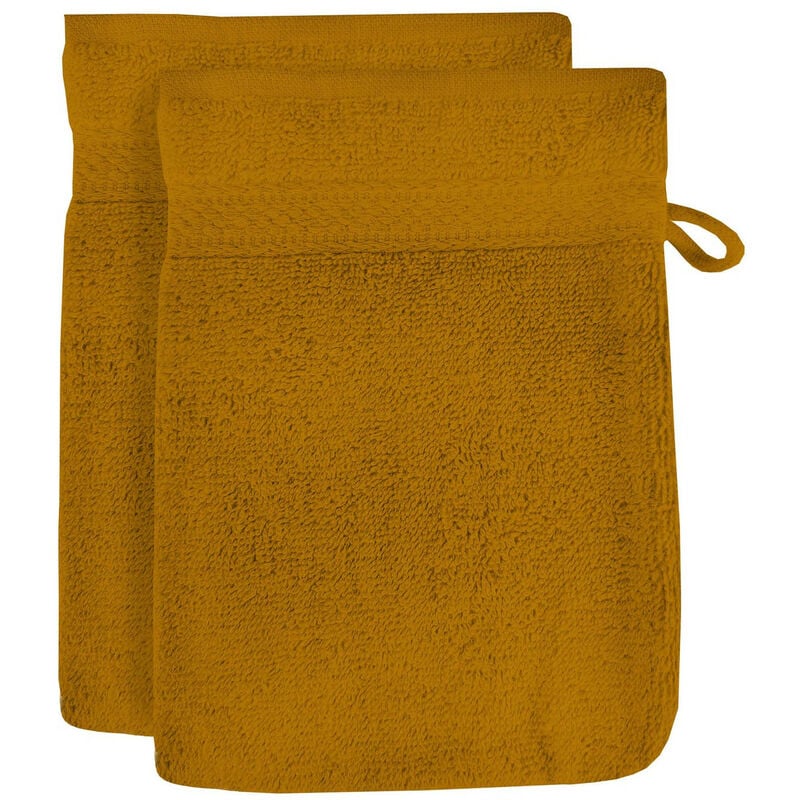 soleil d ocre - lot de 2 gants de toilette en coton 500 gr/m2 16x21 cm lagune moutarde, par soleil d'ocre - jaune