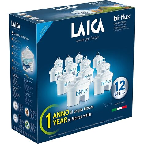 LAICA bi-flux® Filtro per Acqua – Preserva i Sali Minerali Utili all'Organismo e Riduce Cloro e Calcare - 12 Mesi di Acqua Buona e Filtrata (12 Filtri x 150L) - Made in Italy