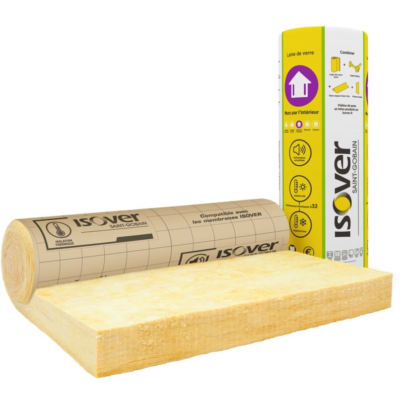 Laine de verre 120 mm pour les doublages de murs lambda 32 - rouleau 1,2x2,7 m revêtu kraft - R=3,75 m².K/W Isover