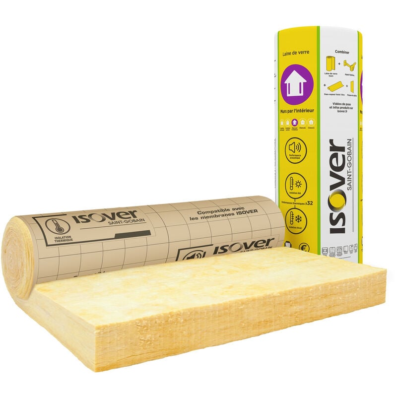 Laine de verre 160 mm pour les doublages de murs lambda 32 - rouleau 1,2x2,7 m revêtu kraft - R=5 m².K/W Isover