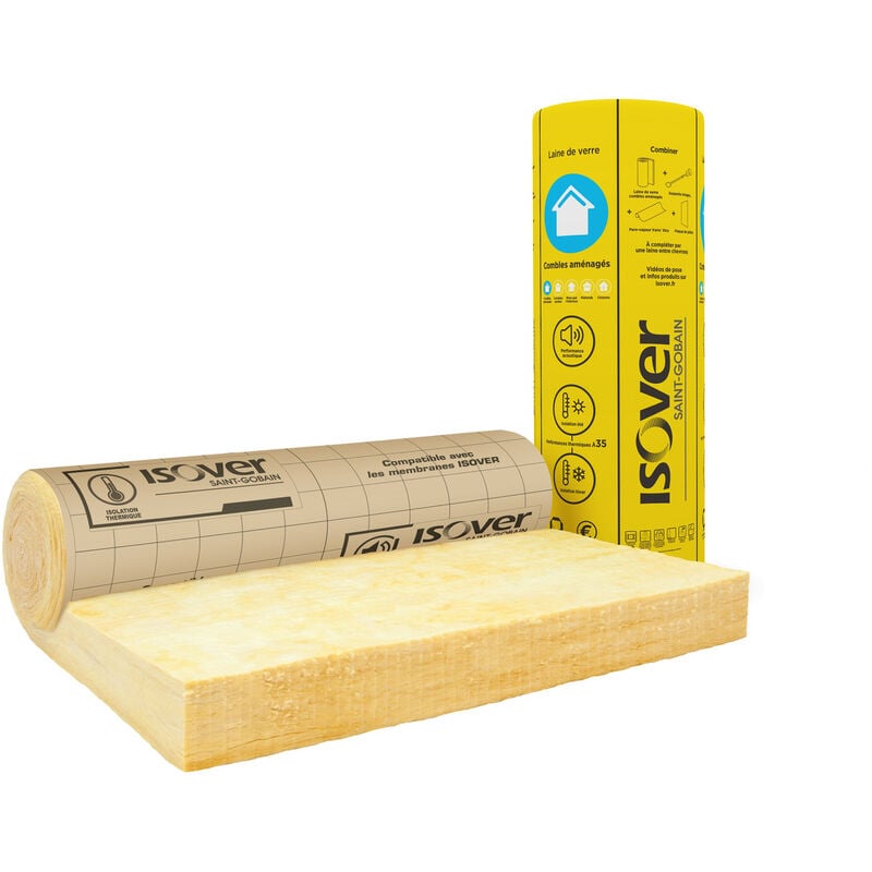 Laine de verre 200 mm pour les combles aménagés lambda 35 - rouleau 1,2x3 m revêtu kraft - R=5,70 m².K/W - Isover
