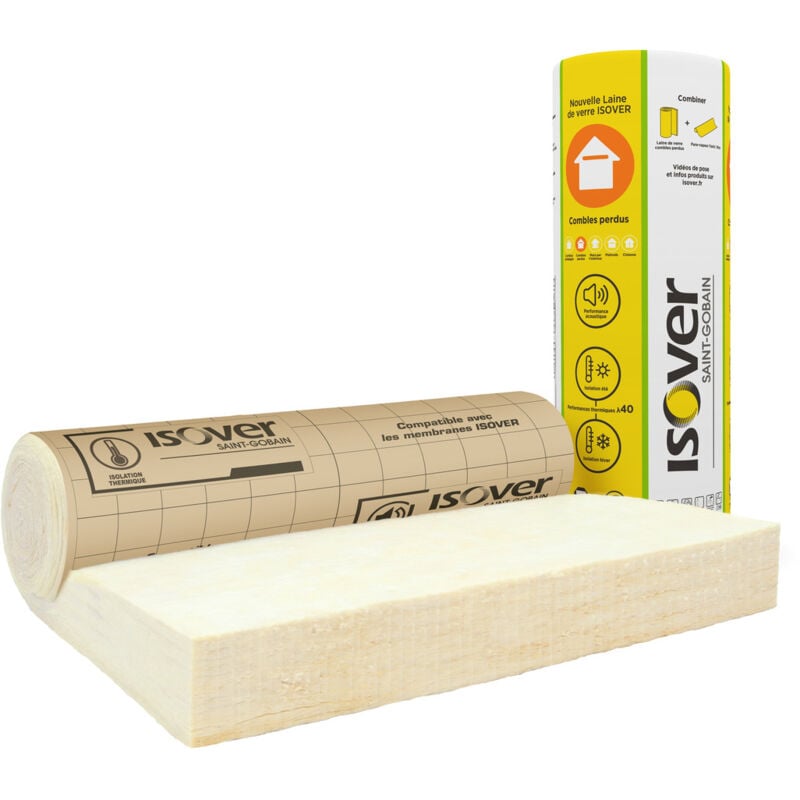 Laine de verre 320 mm pour les combles perdus et les plafonds lambda 40 - rouleau 1,2x2,4 m revêtu kraft - R=8 m².K/W Isover