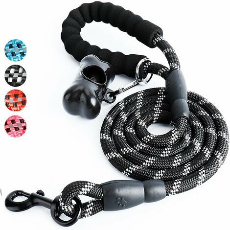 Laisse Chien, Laisse Corde pour Chien avec Poignée Rembourrée Douce, Fils Très Réfléchissants, Sacs à Déchets et Distributeur pour Chien, 1,5 m Corde Laisse pour tous les chiens de taille, Noir