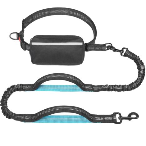 Laisse mains libres pour chien avec sac à fermeture éclair, double élastique résistant, pour le jogging et la course à pied, bleu foncé