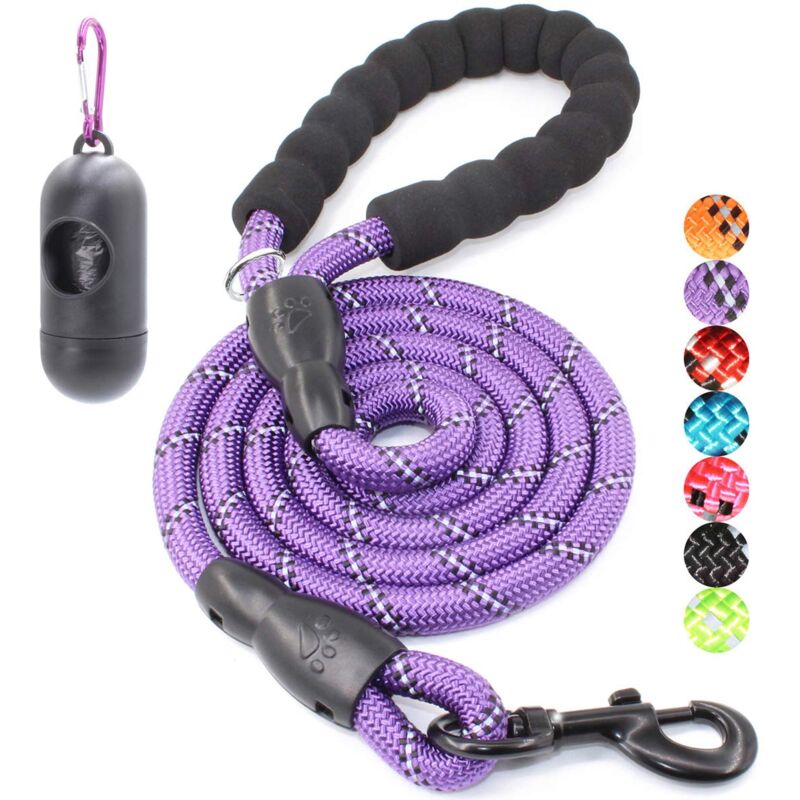 Laisse pour chien avec poignée rembourrée confortable et cordon hautement réfléchissant pour chiens de petite, moyenne et grande taille (violet)