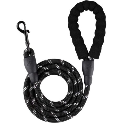 Laisse pour chien en corde noire de 1,5 m de long x 1,0 cm d'épaisseur, 1 pièce avec poignée rembourrée, adaptée à la promenade du chien en extérieur