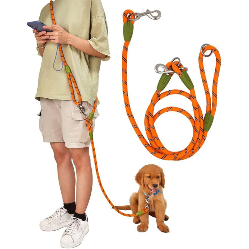 Laisse pour mains libres réfléchissantes, 2,3 mètres, longue de marche, anti-traction, pour chiens de grande taille moyenne et petite - Orange