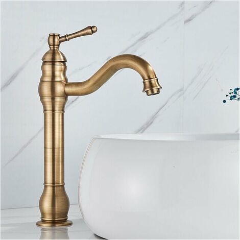 Laiton Antique Laiton Pont Monté Salle De Bains Robinet Bassin Robinet Mélangeur Chaud Froid Grue Bassin Robinet Colonne D'eau Haut Court Style Laiton Antique Haut