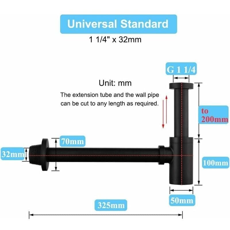 SNQ - Laiton Siphon de Lavabo, Universel Syphon avec 200mm Tube d'extension, 1 1/4 x 32mm Réglable Sifon Anti Odeur Anti-fuite, Noir Mat