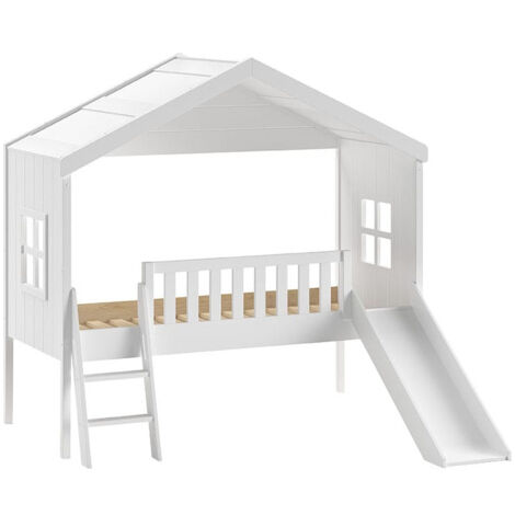 LAKA - Lit Maison Surélevé 90x200cm Blanc avec Toboggan
