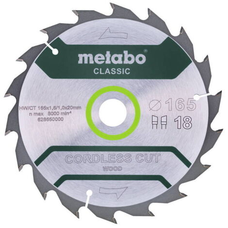 Lama classica "Cordless Cut Wood" HW/CT 165x20, 18 WZ 20° per sega circolare Metabo
