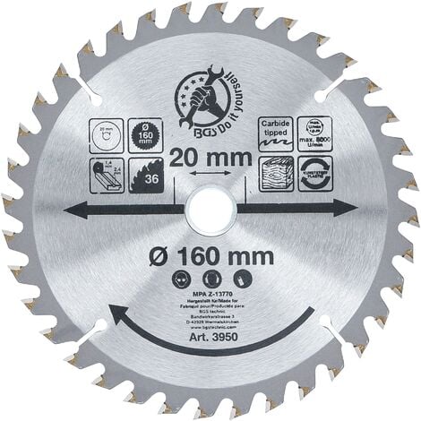 BGS TECHNIC Lama per sega circolare con punte in metallo duro Ø 160 x 20 x 2,4 mm 36 denti
