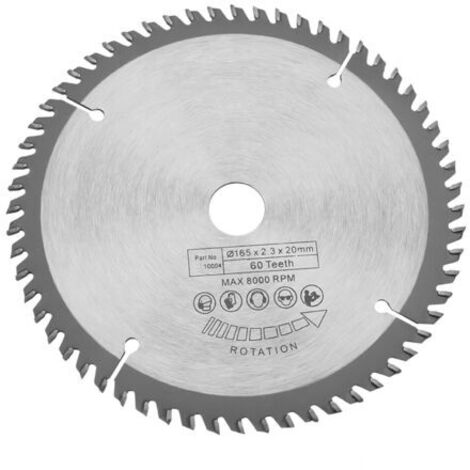 Lama per sega circolare da 165 mm con 60 denti, adatta per legno duro e metalli. Materiale: Hardalloy. Diametro del foro: 20 mm. Taglio netto e preciso.