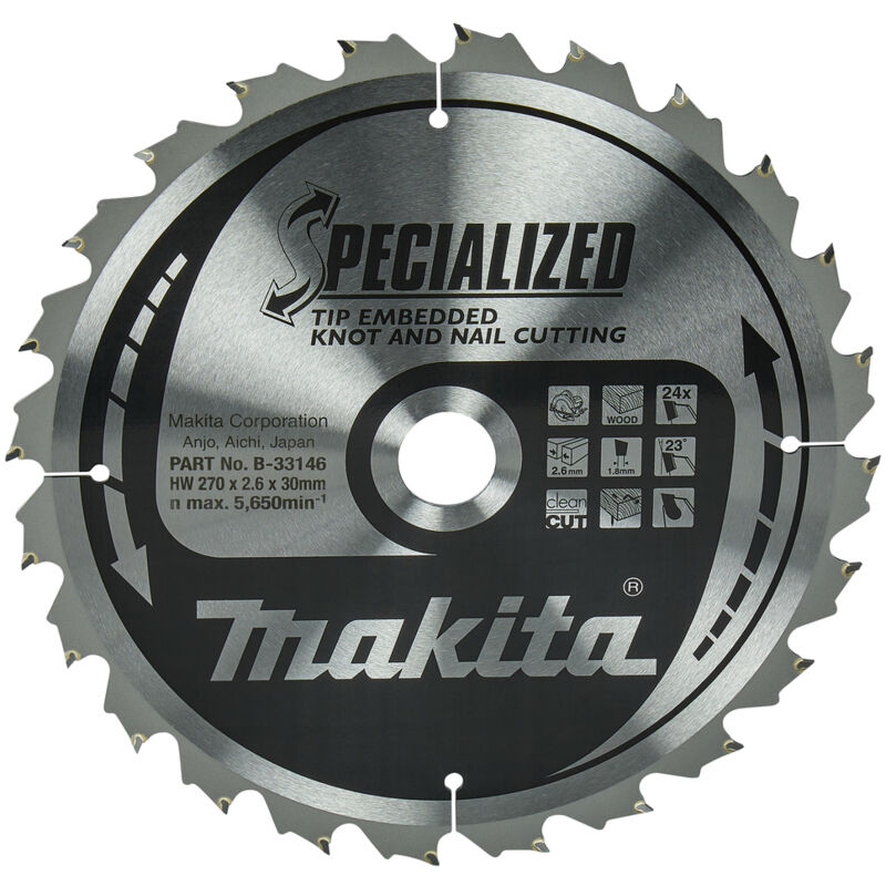 Makita - Lama per sega circolare specialized tct tct - 270 mm x 30 mm - 2,6 mm - 24 denti - legno con chiodi