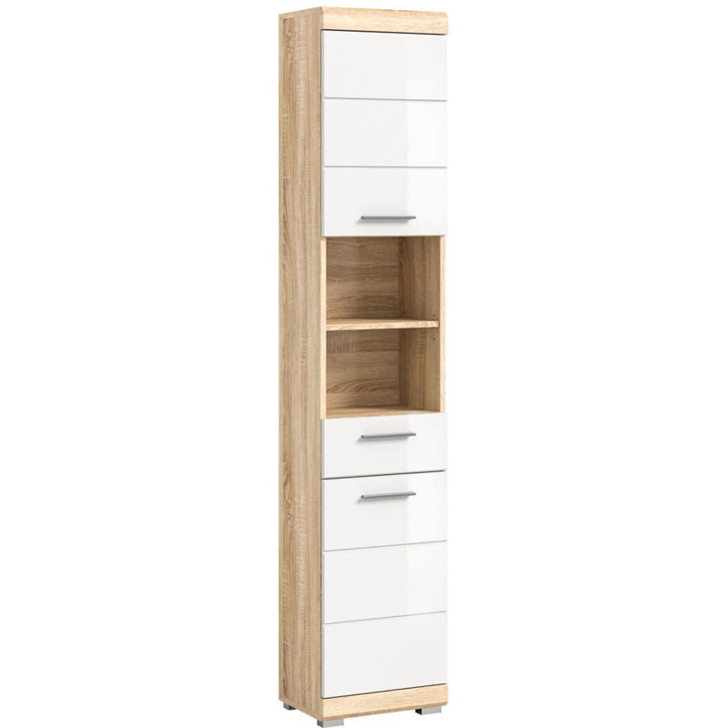 Ebuy24 - Lambada armoire haute pour salle de bain 2 portes, 1 tiroir, 2 tablettes brillant blanc,chêne décor.