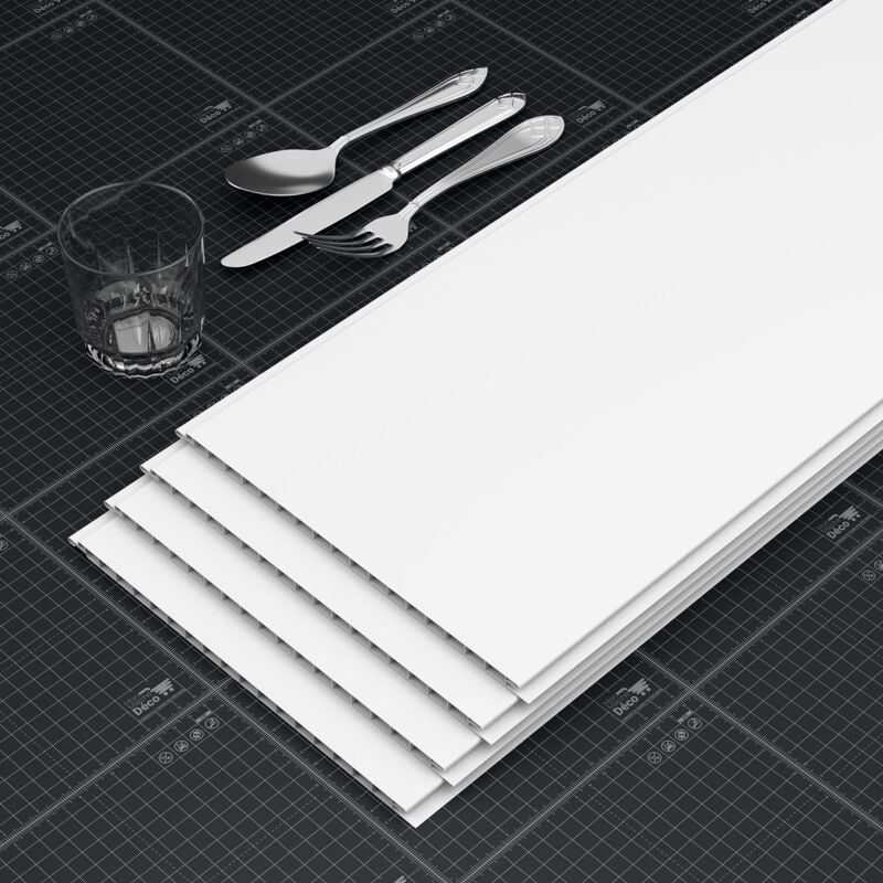 Mon Marché Déco - Lambris pvc Alimentaire 250 mm - Lot de 4 Lames - Blanc