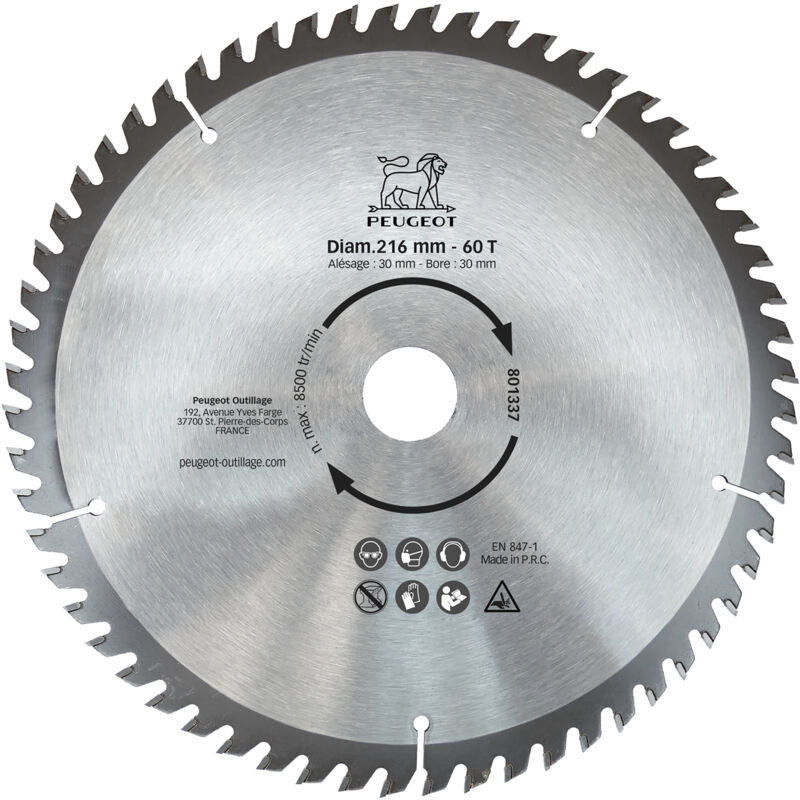 Peugeot Outillage - lame 2162,6MM 60T Diamètre 216 mm, Alésage 30 mm, Nombre de dents 60T ,