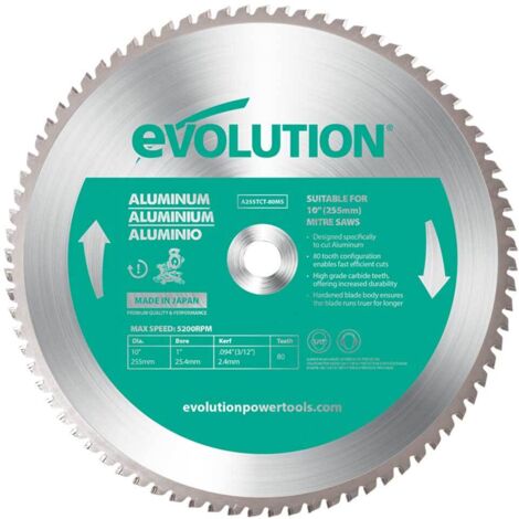 Lame à aluminium TCT 255mm 80 dents alésage 25,4mm Evolution pour Scie à onglet et Scie sur table