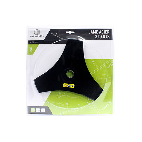 lame acier 3 dents évidées pour débroussailleuse, dimensions coupe: 255mm, alésage: 25,4mm, ep: 2,0mm. (sous coque).