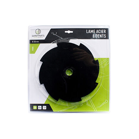 lame acier 8 dents pleines pour débroussailleuse, dimensions coupe: 230mm, alésage: 25,4mm, ep: 1,8mm. (sous coque).