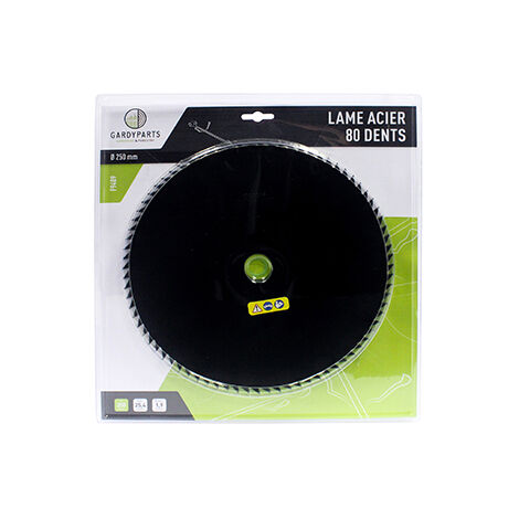 lame acier 80 dents pour débroussailleuse, dimensions coupe: 250mm, alésage: 25,4mm, ep: 1,9mm. (sous coque).