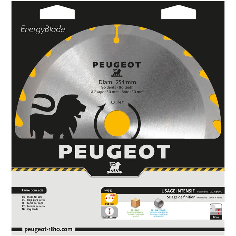 Peugeot Outillage - Lame à pastilles carbure Ø254mm-Alésage 30 mm-80T Diamètre 254 mm, Alésage 30 mm, Nombre de dents 80 ,