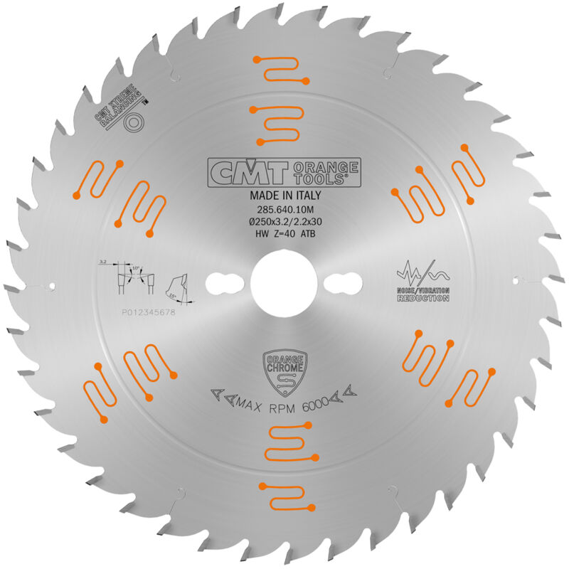CMT – Lame circulaire chromée HW 250mm – 40 dents – Alésage 30mm – Pour bois dur et panneaux stratifiés – Angle de coupe 15° ATB - 15ATB