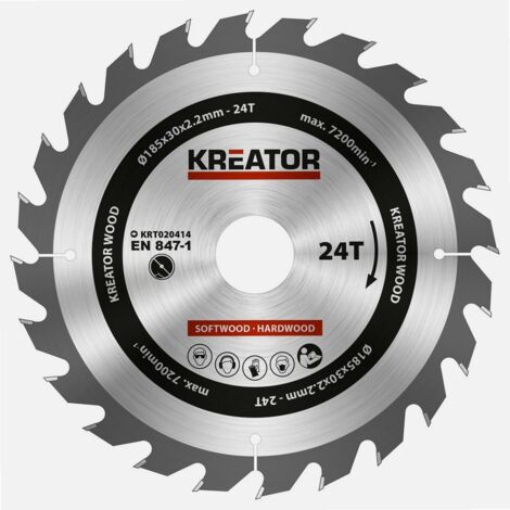 Lame de scie à bois 185 mm – Acier allié pour bois dur – 24 dents pour coupes nettes – Alésage 30 mm – Kreator - krt020414