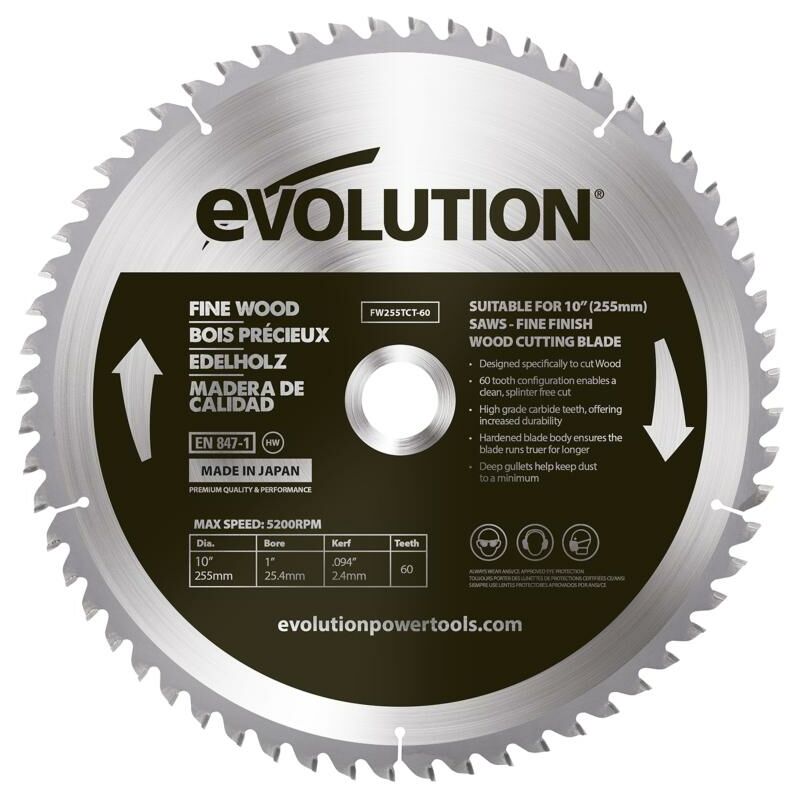 Evolution - Lame de scie bois 255mm 60 Dents (Convient Aux Scies à Onglet & Scies Sur Table)