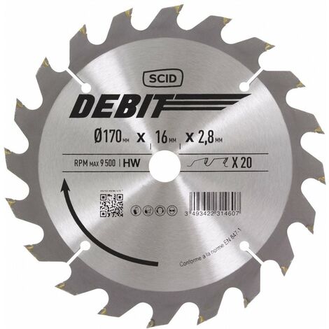 Lame de scie circulaire 170 mm – 20 dents – Alésage 16 mm – Épaisseur 2,8 mm – Pour coupe précise dans bois dur – Scid