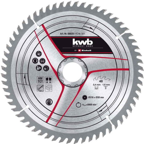 Lame de scie circulaire 216mm – Alésage 30mm – 60 dents – Carbure de tungstène pour bois dur et composite – Découpe précise – KWB