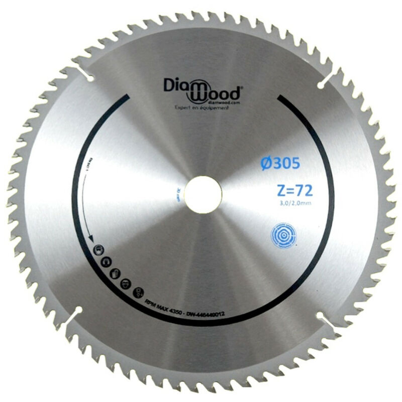 Diamwood - Lame de Scie Circulaire Bois Alu pour Scies à Onglet - Découpe Parfaite et Polyvalente - 72 Dents Alternées Positives - Diamètre 305 mm