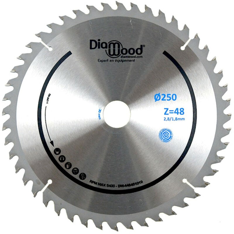 Diamwood - Lame Scie Circulaire Universelle hm pour Bois - Scie Table, Combinée Toupie Scie - Diamètre 250 mm - 48 Dents Alternées Positives