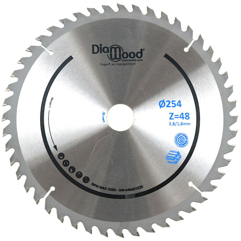 Diamwood - Lame de Scie Circulaire Bois Alu hm Finition Scie à Onglet - Découpe Parfaite - Diamètre 254 mm - 48 Dents Trapézoïdales Plates Négatives