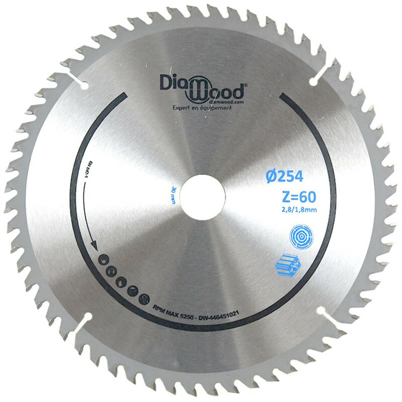 Diamwood - Lame de Scie Circulaire Bois Alu hm Finition Scie à Onglet - Découpe Parfaite - Diamètre 254 mm - 60 Dents Trapézoïdales Plates Négatives