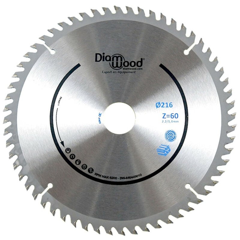 Lame de scie circulaire hm finition d. 216 x Al. 30 x ép. 2,2/1,4 mm x Z60 tp Nég pour Alu/bois Diamwood