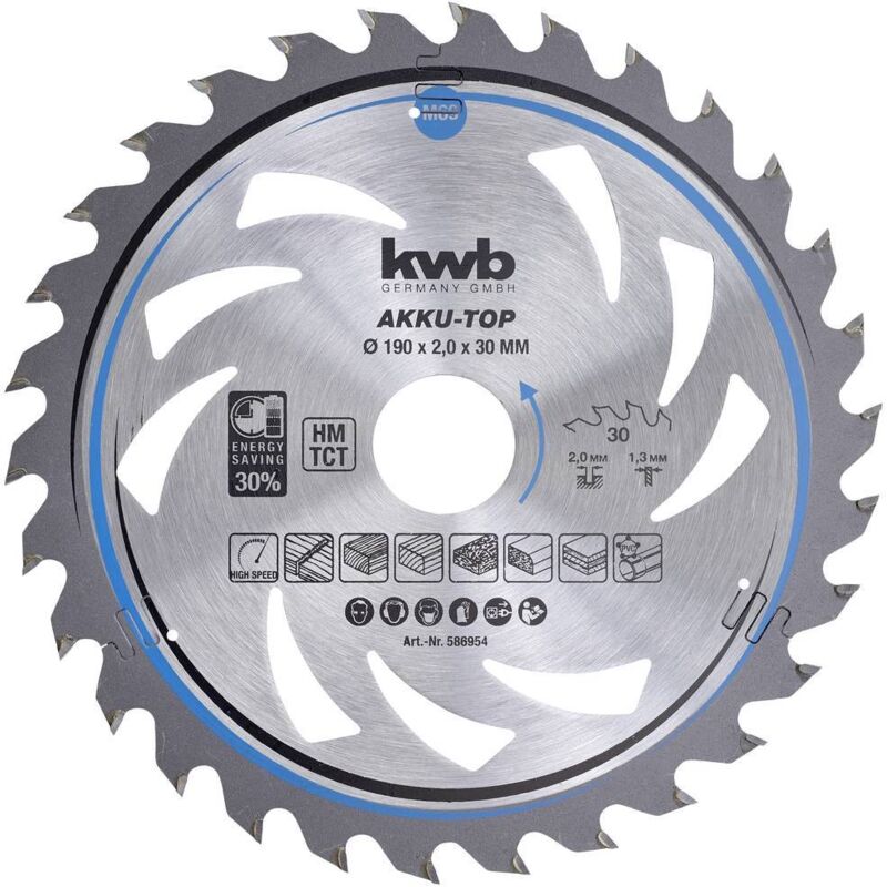 KWB - 586954 Lame de scie circulaire au carbure 190 x 30 x 1.3 mm Nombre de dents: 30 1 pc(s)
