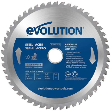 Lame de scie circulaire carbure 210mm – 50 dents pour acier – Alésage 20mm – Coupe nette sans éclat – Evolution Power Tools